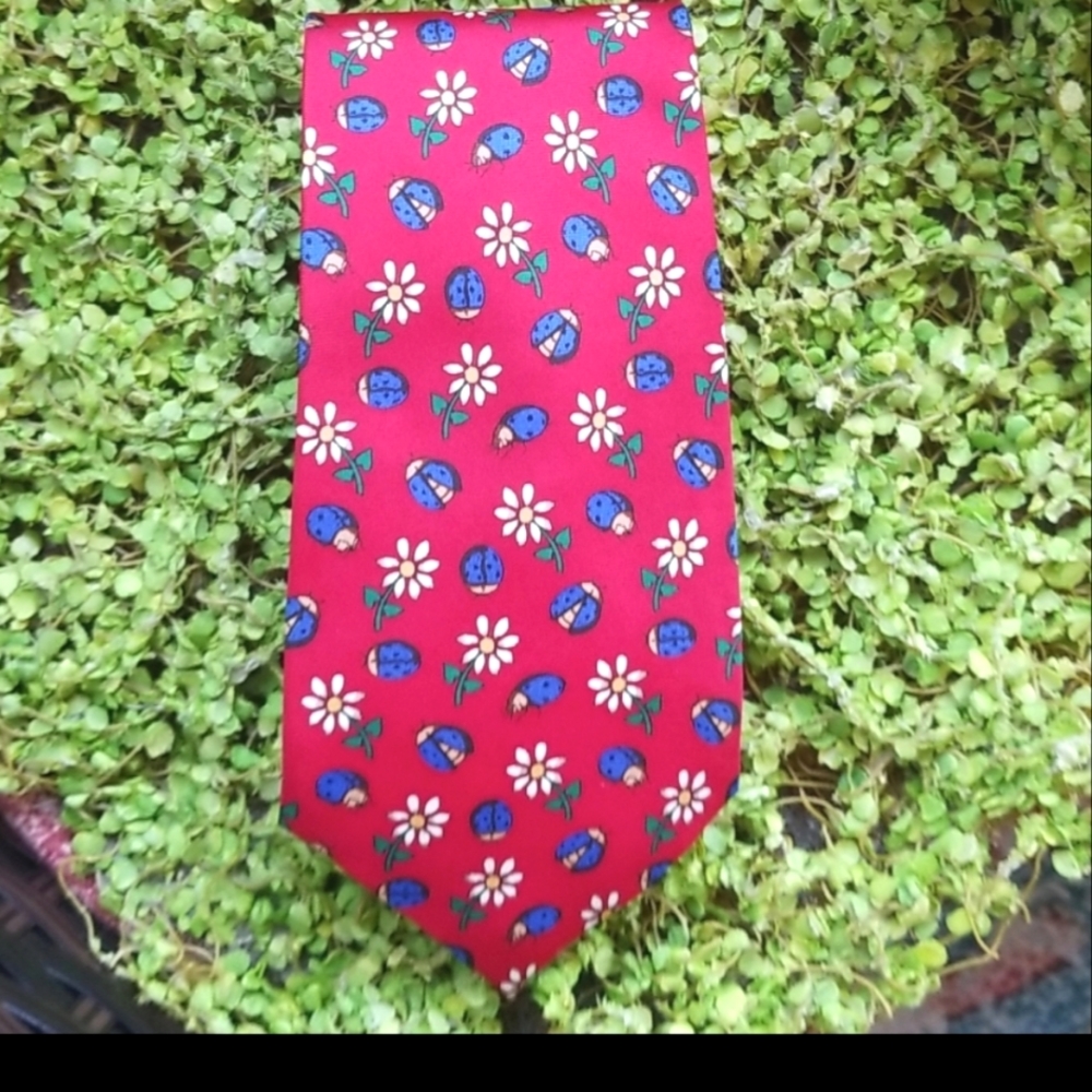 PINK Jermyn St London Daisy Daisies Red Silk Lady Bugs Neck Garden Whimsical TIE - Picture 9 of 12